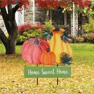 Outdoor Fall Decor, 22" Decorative Garden Stakes with 3 Pumpkin, Home Sweet Home